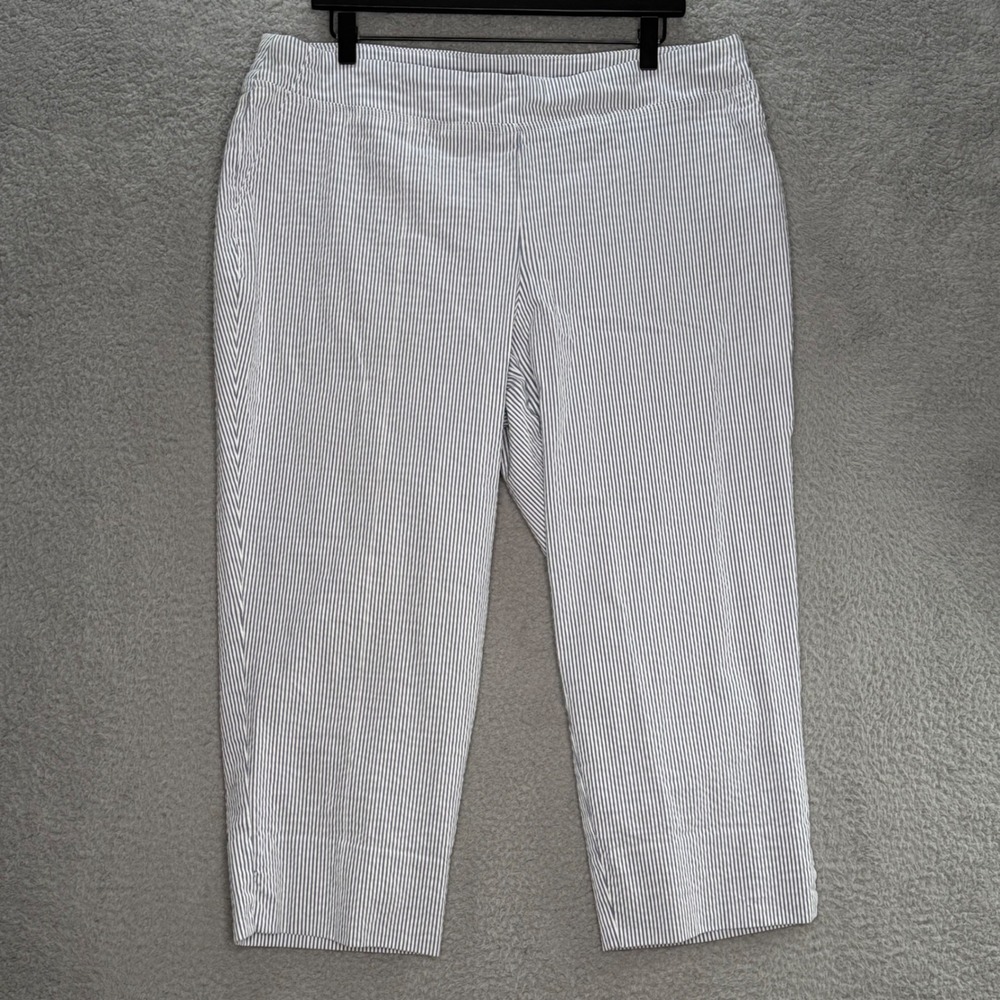 Dalia Blue White Seersucker Striped Cropped Pants Womens 18W Pull On Stretch